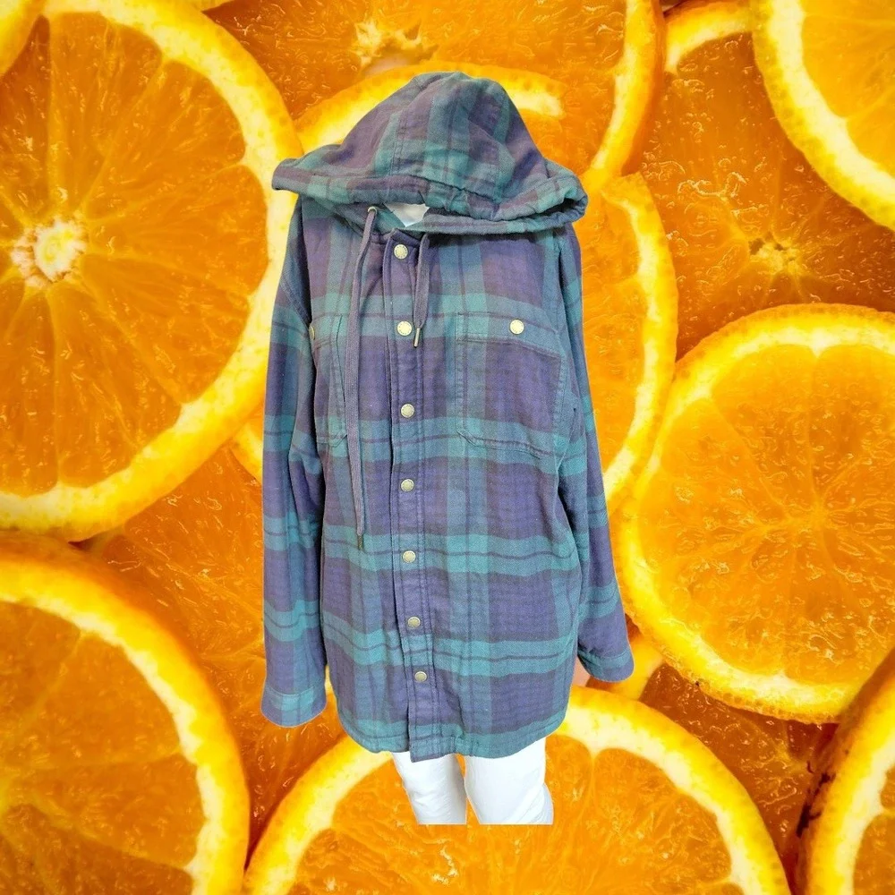 LL Bean M Plaid Fleece Lined Flannel Hoodie Navy Teal Shacket 513831
